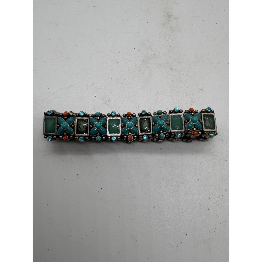 Vintage Southwestern Style Stretch Bracelet Turquoise Teal Enamel & Coral Accent